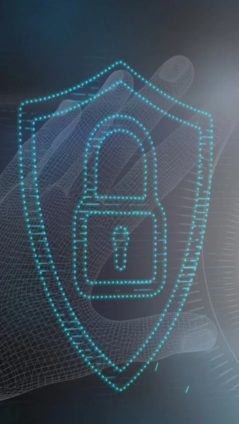 Animation of online security padlock over hand and scope scanning Stock Footage 341658205