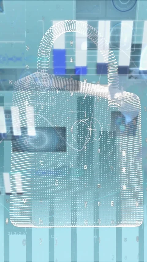 Animation of online security padlock, statistics and financial data processing Stock Footage 342009457