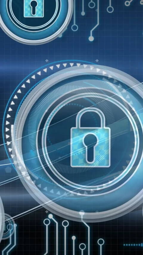 Animation of online security padlocks with computer circuit board in background Stock Footage 342136266