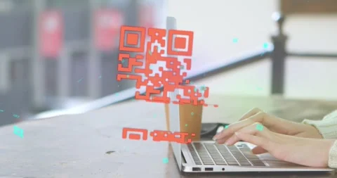 Animation of online security qr code over woman using laptop Video stock 329781802