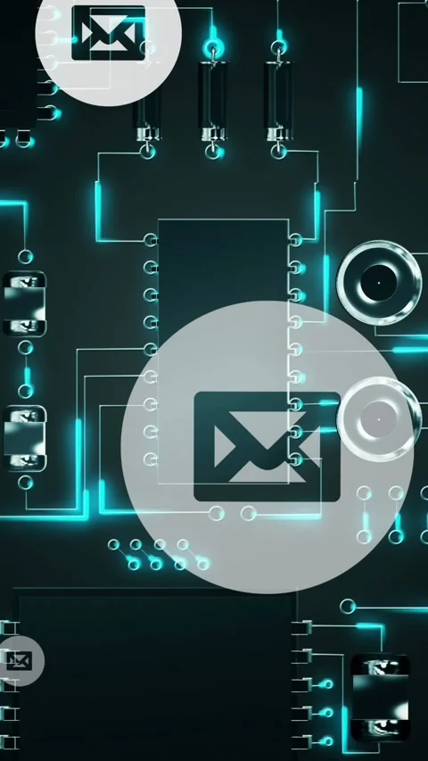 Animation of online white envelope icons moving over computer processor in Stock Footage 331718291