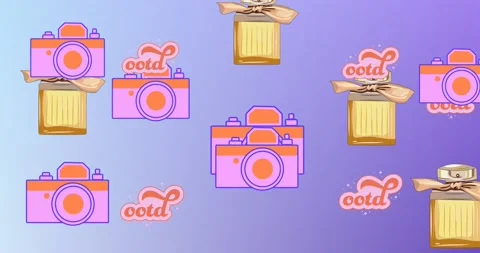 Animation of ootd text perfume and camera repeated on blue background Stock-Footage 156747649