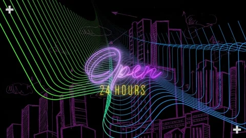 Animation of open 24 hours text in pink neon over colourful parallel lines and Stock Footage 165162125