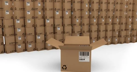 Animation of open cardboard box over stacked up cardboard boxes on white Stock Footage 328708237