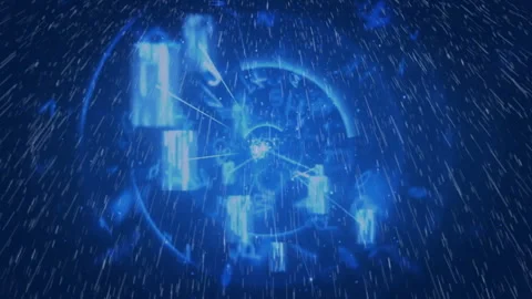 Animation opening on blue drifting rain merging characters toward node Stock Footage 310438729