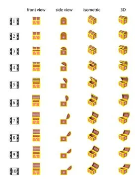 Animation of the opening of the chest in different angles. Stock Illustration