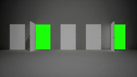 Animation of opening five doors with green screen inside. For business Stock Footage 306126419