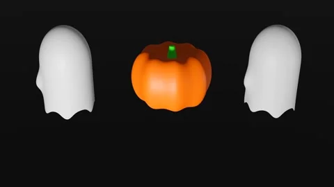Animation or 3D rendering of many spinning cartoon Halloween ghosts and pumpkins Stock Footage 287082439