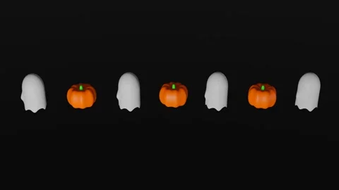 Animation or 3D rendering of many spinning cartoon Halloween ghosts and pumpkins Stock Footage 287274746