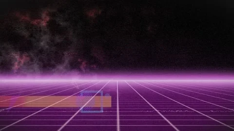 Animation of orange banner distorting over glowing pink grid and horizon, moving Stock Footage 157348569