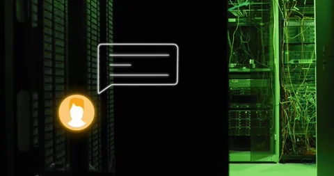 Animation of orange chat bot message icon over glowing computer server in dark Stock Footage 328010716