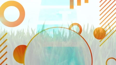 Animation of orange circles, lines and data processing over field with grass 스톡 동영상 325965116