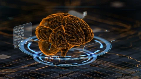 Animation of orange color brain with sci-fi style elements with orthographic Stock Footage 120607499