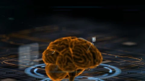 Animation of orange color brain with sci-fi style elements with moving camera Stock Footage 120850785