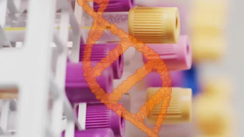 Animation of orange dna strand over blood sample test tubes in rack Stock Footage 313339156