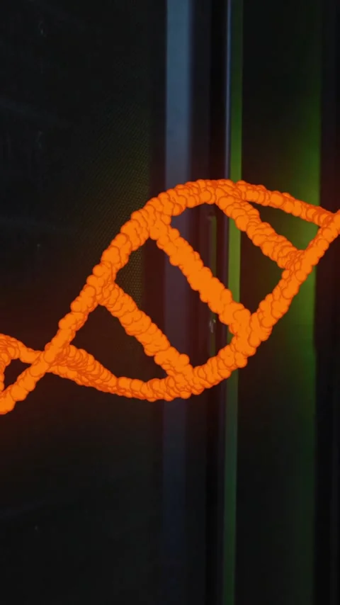 Animation of orange dna strand rotating over dark computer server room Stock Footage 342805910