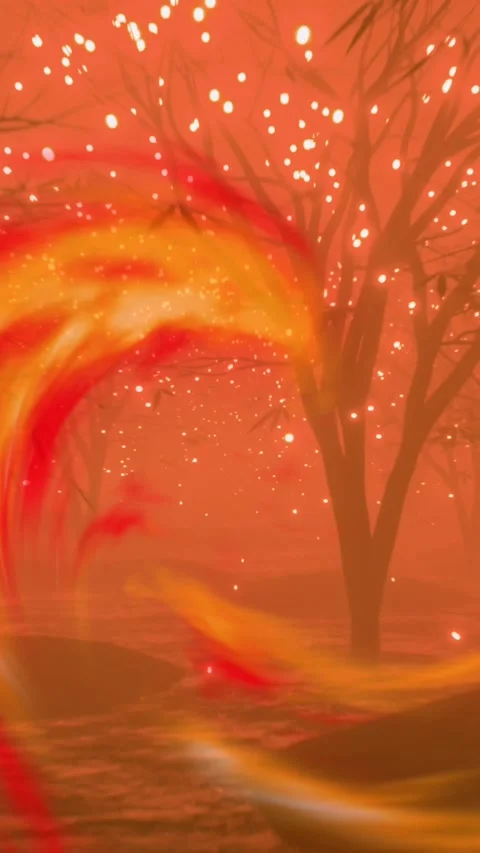 Animation of orange flame, falling light spots over trees Stock Footage 343609223
