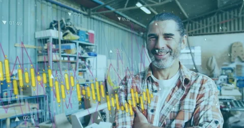 Animation of orange graph processing over portrait of happy caucasian male Stock Footage 260976840