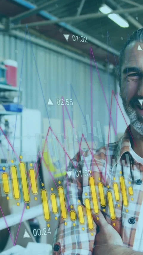 Animation of orange graph processing over portrait of happy caucasian male Stock Footage 320922042