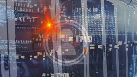 Animation of orange light spot over profile icons and data processing against Stock Footage 218458623