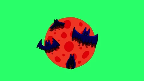 Animation orange moon with black bats flying on green background. Stock Footage 246835984