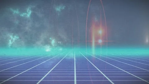 Animation of oval shape with light flare moving over blue grid pattern Stock Footage 327712681