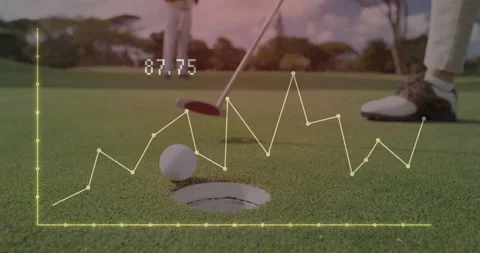 Animation overlay of fluctuating data graph on golf ball near hole on course Stock Footage 305077996