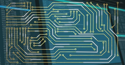 Animation overlaying circuit board pattern on screen, showcasing technology Stock Footage 304765661