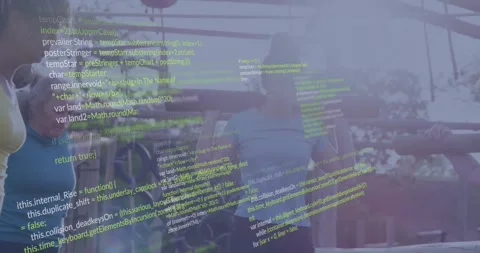 Animation overlaying computer code on person exercising with gym equipment Stock-Footage 325706099