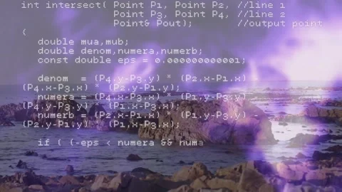 Animation overlaying computer code on rocky coastline with purple sky backdrop Stock Footage 327592856