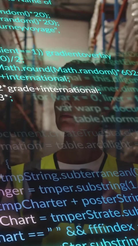 Animation overlaying computer code on warehouse shelves with stored items Stock Footage 344370505