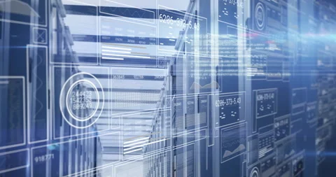 Animation overlaying digital data and network interface on server racks in data Stock Footage 304095366