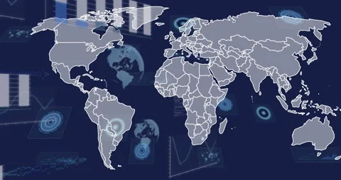 Animation overlaying digital interface elements on world map with data analytics Video stock 303421966