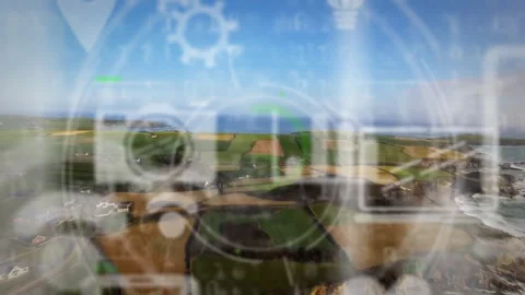 Animation overlaying digital interface elements on aerial view of rural Stock Footage 304088447