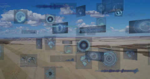 Animation overlaying digital interface elements on aerial view of agricultural Stock Footage 305829655