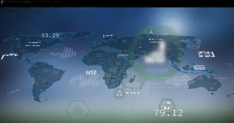 Animation overlaying digital interface elements on world map with data points Video stock 306213761