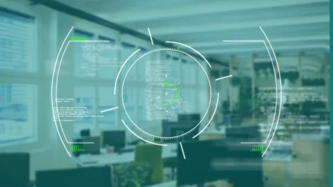 Animation overlaying digital interface elements in modern office with green Stock Footage 306241353