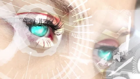 Animation overlaying digital interface on human eyes with glowing effects Stock Footage 304203504