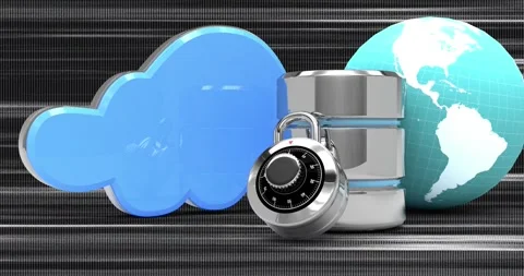 Animation of padlock, abstract shape, globe and cloud over distorted background Stock Footage 326627481