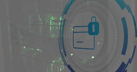 Animation of padlock and card icon in circle over data server systems Stock Footage 326761599