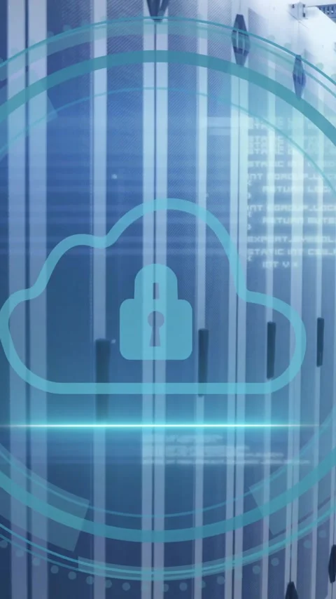 Animation of padlock and cloud icon and digital data processing over computer 库存影片 342034054