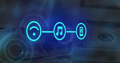 Animation of padlock and computing data processing with icons over computer Video stock 328470715