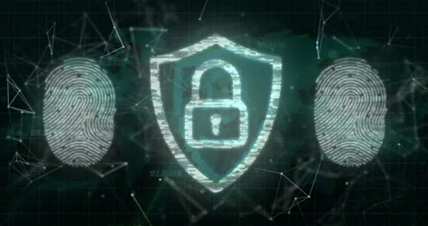 Animation of padlock and data processing over biometric fingerprints Stock Footage 310033074