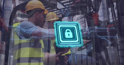 Animation of padlock and data processing over diverse workers talking in Stock Footage 330052460