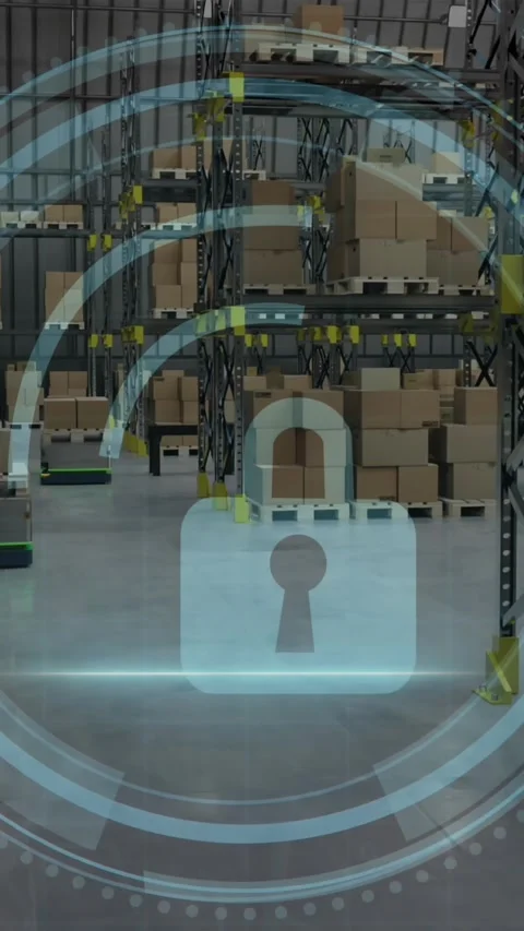 Animation of padlock and data processing over warehouse Stock Footage 343641257