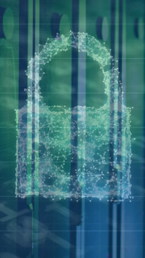 Animation of padlock and data processing over computer servers Stock Footage 344678942