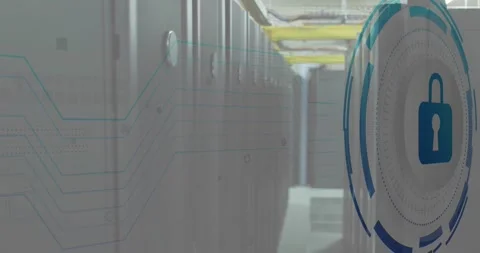 Animation of padlock and digital data processing over computer servers Stock Footage 330114594