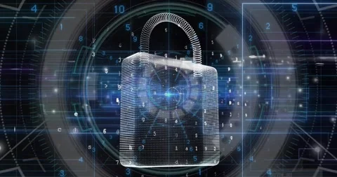 Animation of padlock and digital data processing over computer servers Stock Footage 330584257