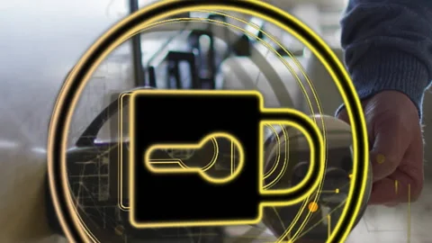 Animation of padlock and navigation pattern, midsection of caucasian man pouring Stock Footage 312848268