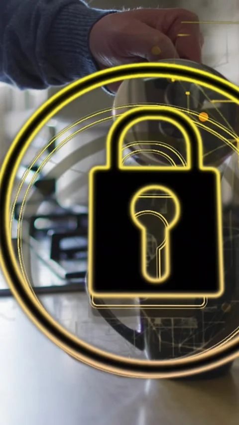 Animation of padlock and navigation pattern, midsection of caucasian man pouring Stock Footage 320811676